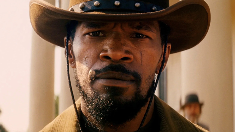 A close-up of Jamie Foxx as Django wearing a cowboy hat in Django Unchained