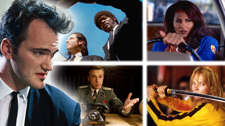Quentin Tarantino in Reservoir Dogs next to shots from Pulp Fiction, Inglourious Basterds, Kill Bill Vol. 1, and Jackie Brown