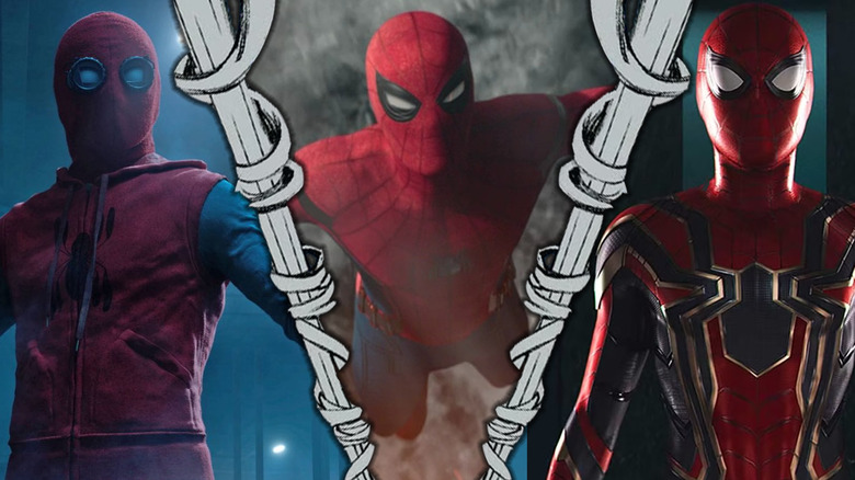 Images of Spider-Man's homemade suit, Stark suit, and Iron Spider suit from Marvel movies in a composite image