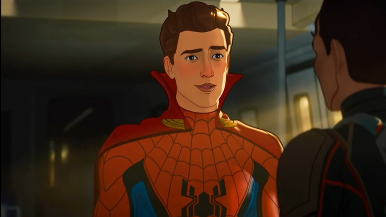 Peter Parker, wearing a standard suit with a cape in What If...?