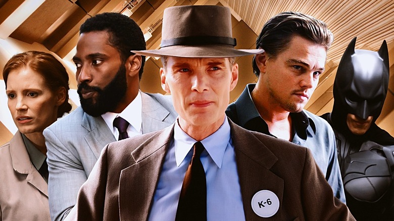 Cillian Murphy in Oppenheimer framed by Jessica Chastain in Interstellar, John David Washington in Tenet, Christian Bale in The Dark Knight, and Leonardo DiCaprio in Inception.