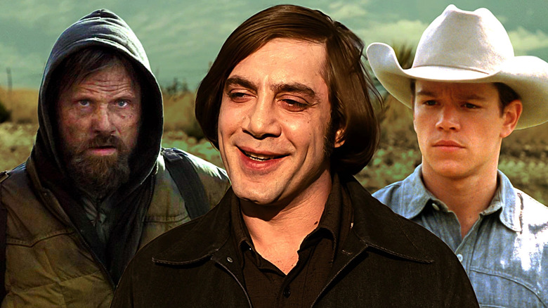 A collage of the man (Viggo Mortensen) in The Road, Anton Chigurh (Javier Bardem) in No Country for Old Men, and John Grady (Matt Damon) in All the Pretty Horses
