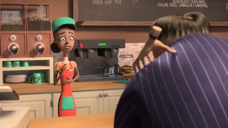 Candi the barista stepping back and grinning awkwardly at Gomez Addams and Thing in The Addams Family