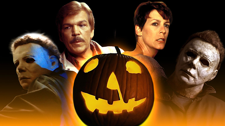 The pumpkin from Halloween opening credits surrounded by Michael Myers in Halloween '78 and 20 and Tom Atkins in Halloween III and Jamie Lee Curtis in Halloween H2018 and