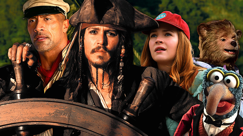 Dwayne Johnson as Frank Wolff in Jungle Cruise, Johnny Depp as Captain Jack Sparrow in Pirates of the Caribbean: The Curse of the Black Pearl, Britt Robinson as Casey Newton in Tomorrowland, Beary Barrington from The Country Bears, and Gonzo the Great from Muppets Haunted Mansion