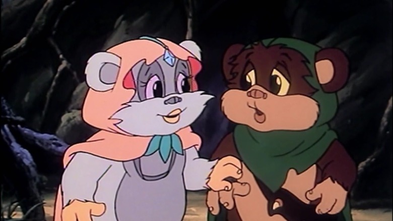 Wicket W. Warrick and Princess Kneesaa look at each other in Ewoks