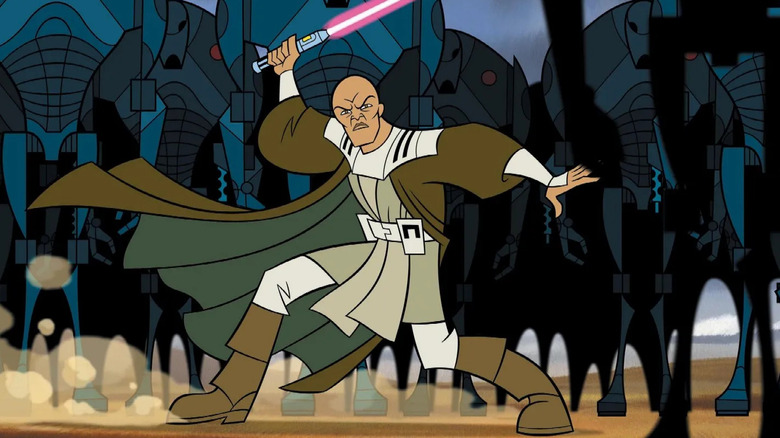 Mace Windu prepares to fight an army of battle droids in Genndy Tartakovsky's Star Wars: Clone Wars