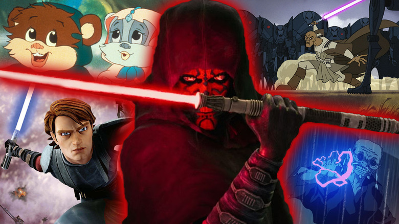 A composite image comprised of stills from Ewoks, both iterations of Clone Wars, Visions, and Maul -- Shadow Lord.