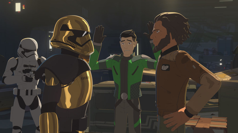Commander Pyre confronts Kaz and Yaeger in Star Wars Resistance