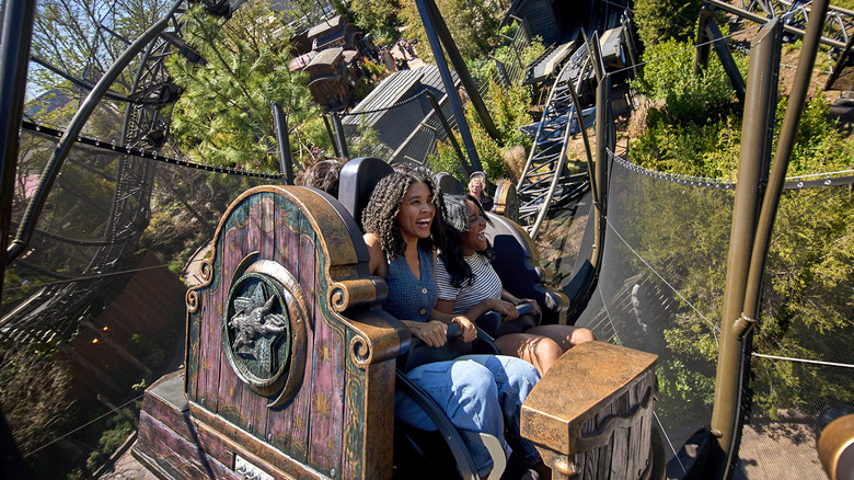 the ride vehicles spin through the track on Curse of the Werewolf