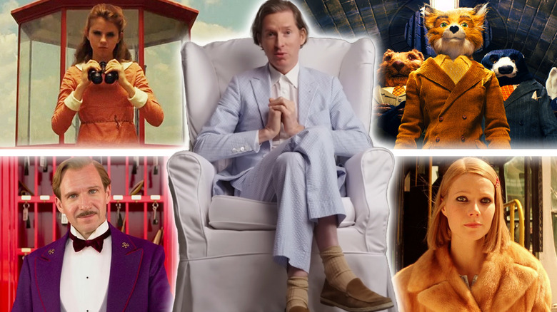 A composite image of stills from Moonrise Kingdom, Fantastic Mr. Fox, The Grand Budapest Hotel, and The Royal Tenenbaums, with Wes Anderson sitting in a chair at the center