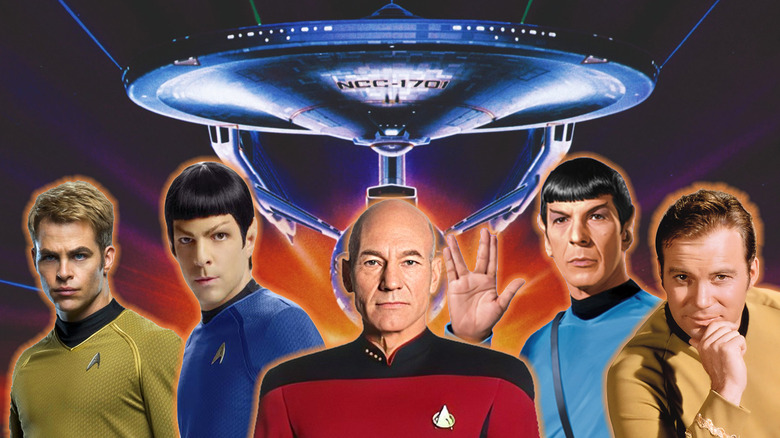 A composite image of Chris Pine and William Shatner as Captain Kirk, Zachary Quinto and Leonard Nimoy as Spock, and Patrick Stewart as Captain Jean-Luc Picard with the Enterprise behind them in a composite image