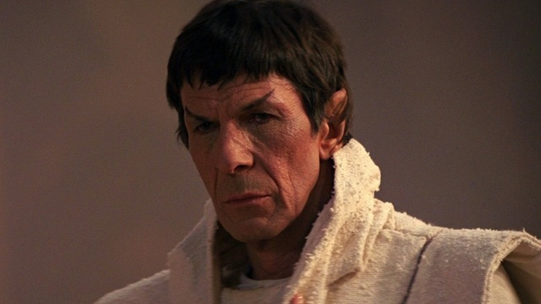 A resurrected Spock (Leonard Nimoy) stands solemnly in Star Trek III: The Search for Spock