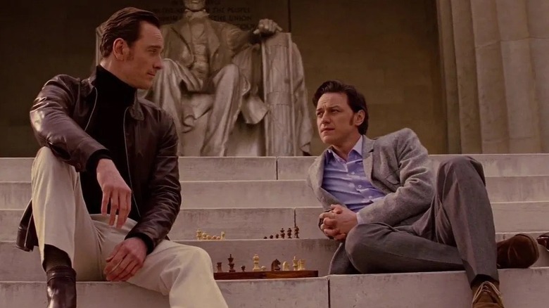 Michael Fassbender as Erik Lehnsherr/Magneto and James McAvoy as Charles Xavier/Professor X playing chess at the Lincoln Memorial in X-Men: First Class