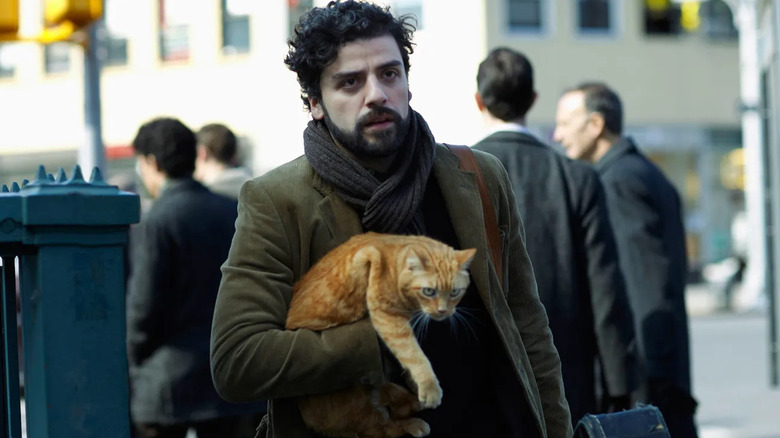 Oscar Isaac as Llewyn Davis, holding an orange cat in Inside Llewyn Davis