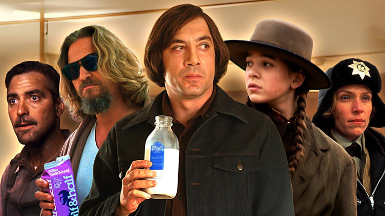 Javier Bardem in No Country for Old Men, Frances McDormand in Fargo, Jeff Bridges in The Big Lebowski, George Clooney in O Brother Where Art Thou, and Hailee Steinfeld in True Grit in a composite image