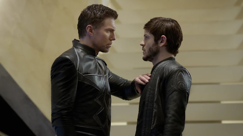 Anson Mount and Iwan Rheon as Black Bolt and Maximus, arguing on Inhumans