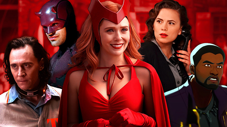 Images of Loki, Daredevil, the Scarlet Witch, Peggy Carter, and T'Challa Star Lord edited together