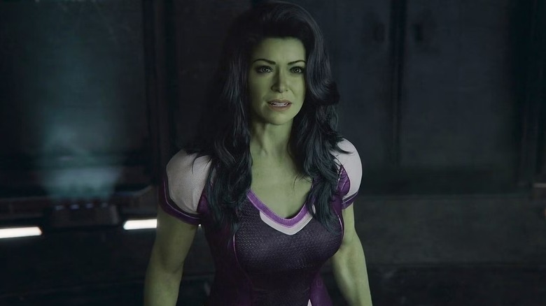 Tatiana Maslany as She Hulk, in a metal chamber in She-Hulk Attorney at Law