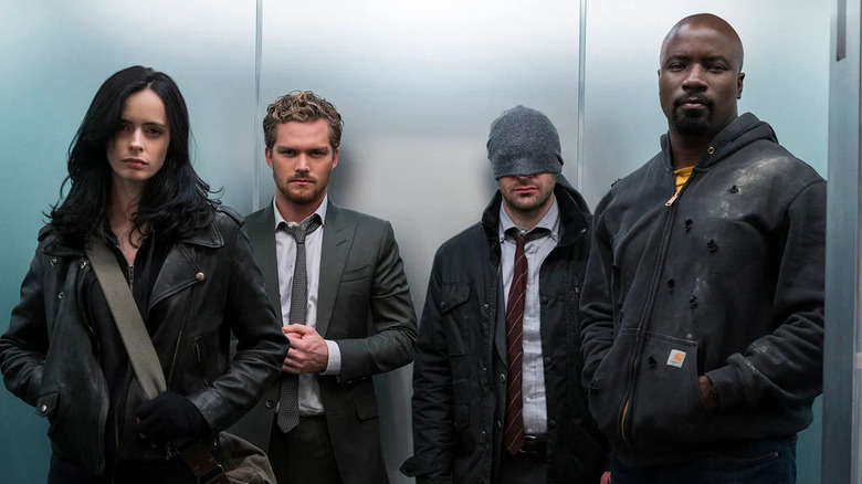 The Defenders wait in an elevator on the Defenders