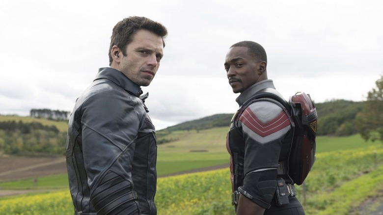 Sebastian Stan and Anthony Mackie as Bucky Barnes and Sam Wilson, looking back in a field on The Falcon and the Winter Soldier