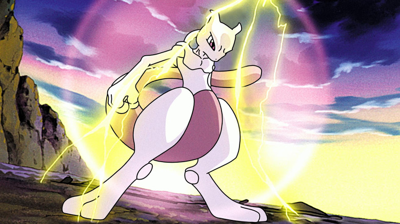 Mewtwo, surrounded by a ball of energy, being struck by lightning on a cliff in Mewtwo Returns