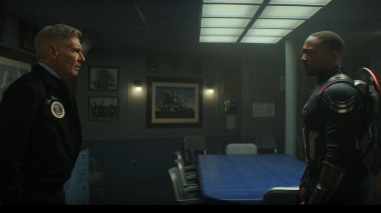 Sam (Anthony Mackie) and Thaddeus Ross (Harrison Ford) confronting one another in Captain America: Brave New World
