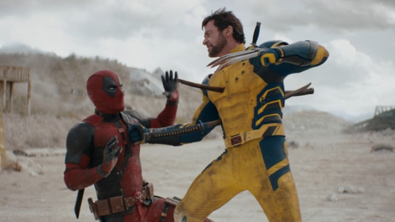 Wolverine (Hugh Jackman) about to kill Deadpool (Ryan Reynolds) in Deadpool & Wolverine