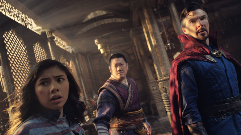 Doctor Strange (Benedict Cumberbatch), America Chavez, and Wong standing together in Doctor Strange in the Multiverse of Madness