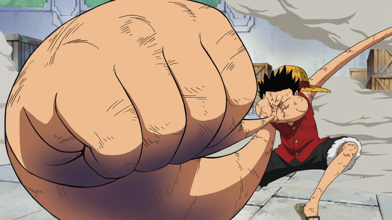 Luffy using Gear 3 to inflate his arm like a balloon in One Piece