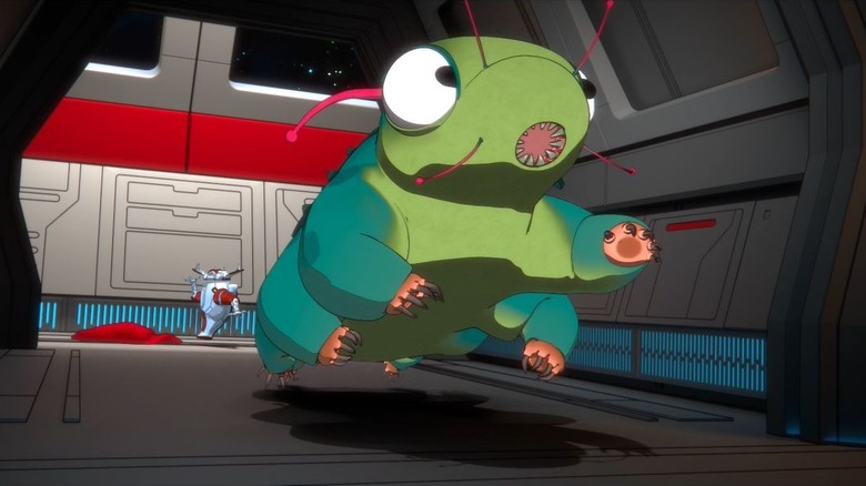 Ephraim the tardigrade fleeing from the robot Dot on Short Treks