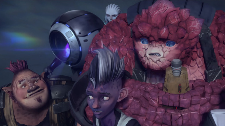 Jankom Pog, D'al, Gwynn, and Rahk-Tahk all huddled together on Star Trek: Prodigy