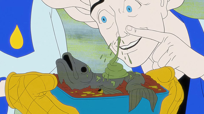 An alien happily blowing snot onto a dead fish on Very Short Treks