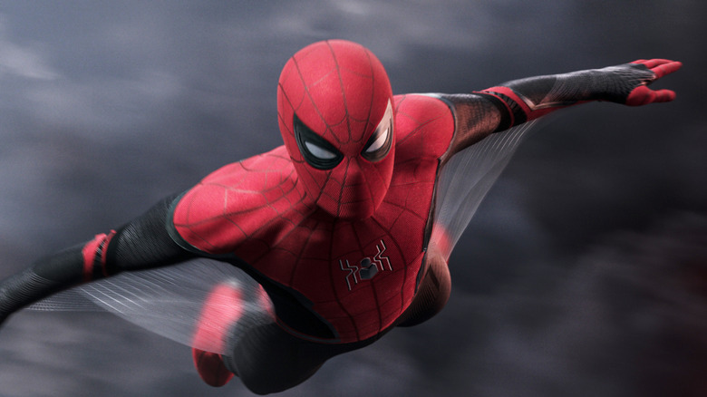 Spider-Man flying with his wingsuit in Spider-Man: Far From Home
