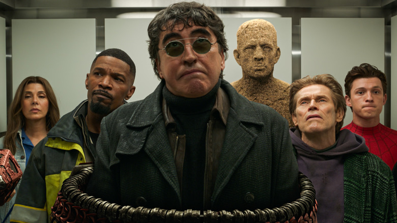 Peter Parking in an elevator with Aunt May and various villains in Spider-Man: No Way Home