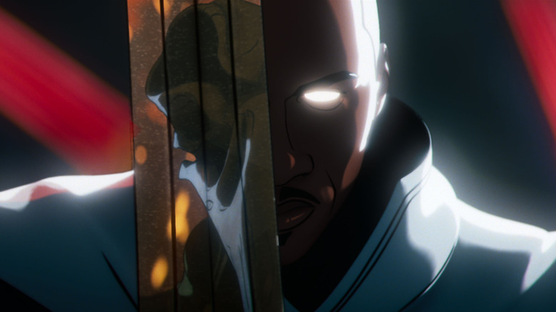 Blade Knight holding his sword up to his face in Marvel Zombies