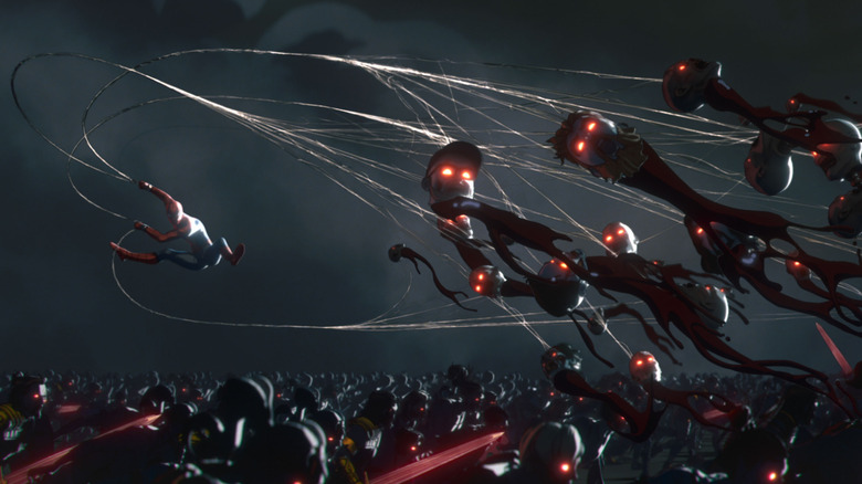 Spider-Man decapitating several zombies at once in Marvel Zombies