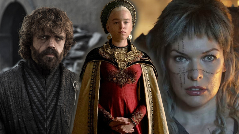 Milly Alcock in House of the Dragon surrounded by Peter Dinklage in Game of Thrones and Milla Jovovich in In the Lost Lands
