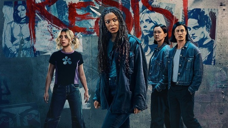 Gen V season 2 poster - Emma, Marie, Jordan with posters of Cate and Sam on wall