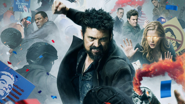 The Boys Season 4 poster - MM, Butcher, Annie, Hughie, Kessler, and Frenchie in crowd of protesters