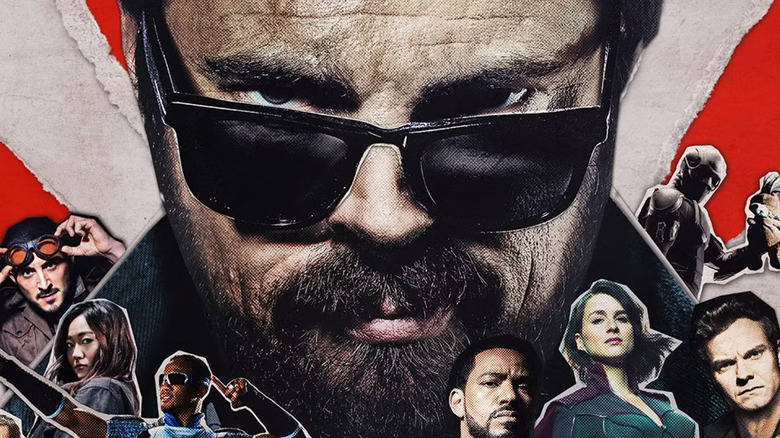 The Boys Season 2 poster - Butcher overlooking smaller cut-outs of Frenchie, Kimiko, A-Train, MM, Stormfront, Frenchie, and Black Noir