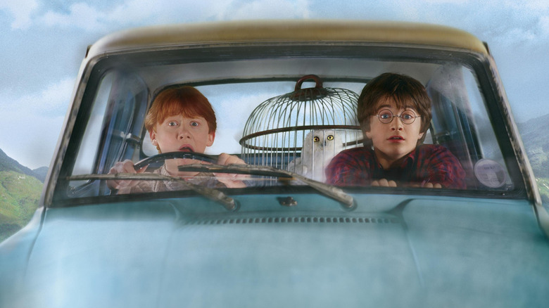 Ron and Harry nervously driving the flying Ford Anglia in Harry Potter and the Chamber of Secrets