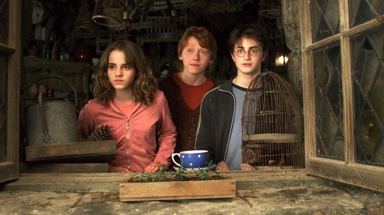 Hermione Ron and Harry looking out of the window of Hagrid's hut in Harry Potter and the Prisoner of Azkaban