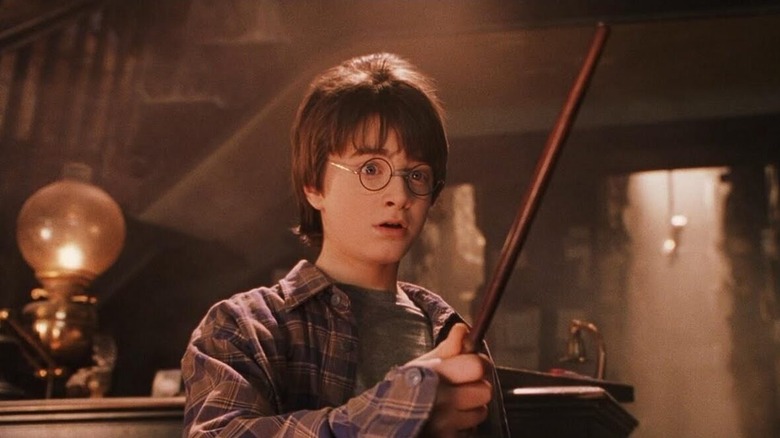 Harry holding his wand in awe in Harry Potter and the Sorcerer's Stone