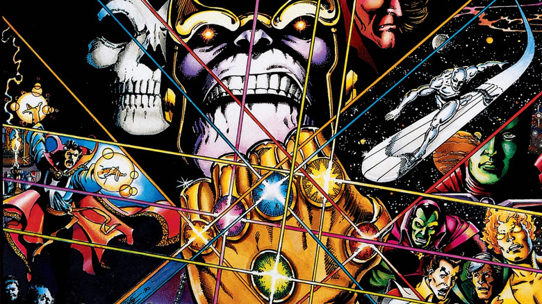 Infinity Gauntlet cover, Thanos bearing the Infinity Gauntlet as the Infinity Gems shine