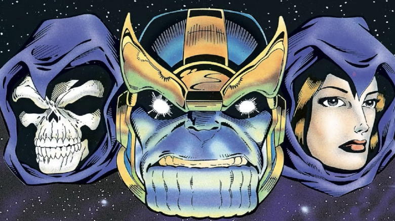 Floating faces of Thanos and Lady Death in Marvel Comics