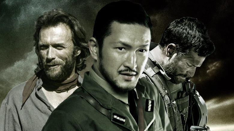 A collage featuring Clint Eastwood in The Outlaw Josey Wales, Ken Watanabe in Letters From Iwo Jima, and Bradley Cooper in American Sniper