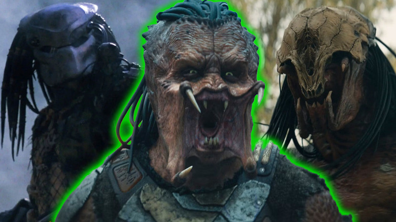 The Yautja characters from Predator, Predator: Badlands, and Prey in a composite image together