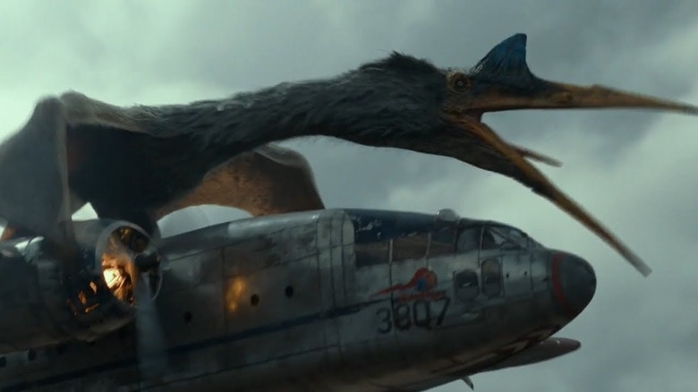 A Quetzalcoatlus screeches while grabbing a plane in Jurassic World: Dominion