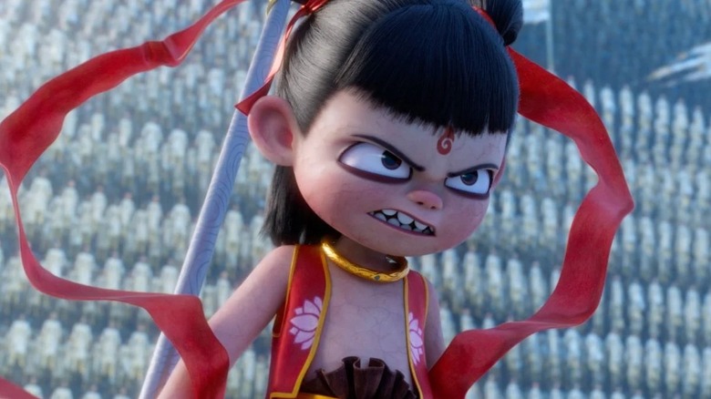 Ne Zha snarling getting ready for battle in Ne Zha 2